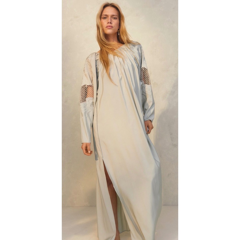 H&M Maxi Dress Womens L Sage Green Boho Ethereal Embroidered Balloon Sleeve